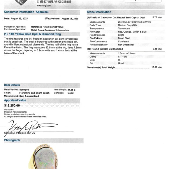 14k Gold 16.7 ctw Cabochon Natural Cut Opal Diamond Ring 34.66g - Picture 9 of 9